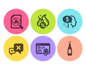 Analytics graph, Reject and Pay icons simple set. Seo certificate, Hot loan and Champagne signs. Chart report, Delete message. Business set. Flat analytics graph icon. Circle button. Vector
