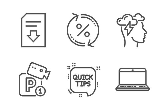 Parking security, Mindfulness stress and Loan percent icons simple set. Download file, Quick tips and Notebook signs. Video camera, Cloud storm. Line parking security icon. Editable stroke. Vector