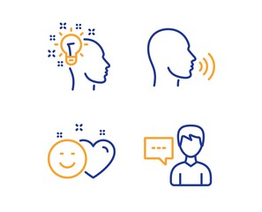 Human sing, Smile and Idea icons simple set. Person talk sign. Talk, Social media like, Creative designer. Communication message. People set. Linear human sing icon. Colorful design set. Vector
