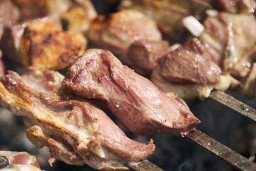 Grilled shish kebab with vegetables. BBQ grill with lamb meat and potatoes
