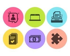 Handout, Typewriter and Laptop icons simple set. Payment, Developers chat and Strategy signs. Documents example, Writer machine. Education set. Flat handout icon. Circle button. Vector