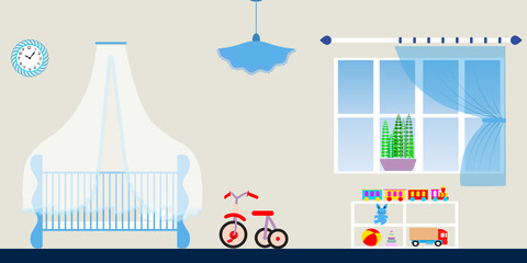 Children's Room Interior for Baby Boy - Cozy Atmosphere of Nursery - Vector Illustration in Blue Tones