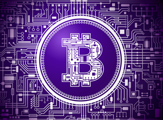 Bitcoin digital currency background. Futuristic chipset technology network concept. Vector violet horizontal illustration.