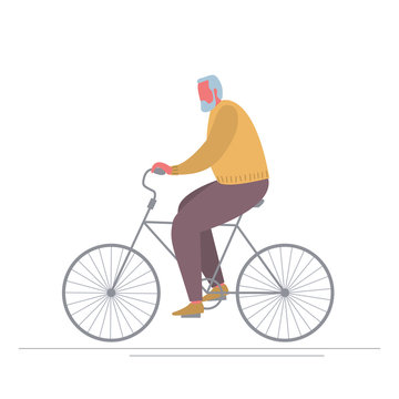 Old man is riding a bike. Concept of healthy lifestyle. People icon. Funky flat style. Vector illustration on a white background