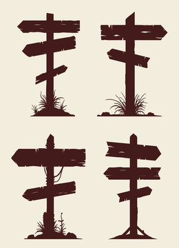 Wooden billboard banners, directional signboards and pointing guideposts. Vector set of silhouette elements.