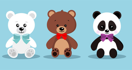 Set of isolated cute elegant holiday teddy toy bears with bow tie in sitting pose: brown bear, polar bear, panda on blue background. Vector clip art cartoon character illustration in flat style.
