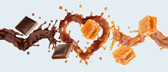 Liquid sweet melted caramel or caramel sauce, hot chocolate wave splashes with chocolate pieces bars, toffees candies twisted. Yummy caramel and chocolate ad design heart template. 3D - obrazy, fototapety, plakaty