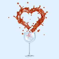 Red wine - cabernet, merlot splash in the form of heart. Wine or red fruits juice splashing out of glass - grape, strawberry, cranberry, cherry, pomegranate juice isolated. 3D render