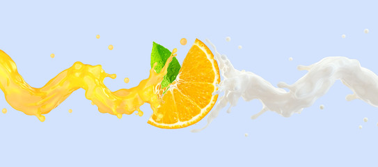 Fresh fruit yogurt or milk, orange juice, smoothie splash waves with ripe orange. Tropical fruit juice label design or advertising element with yogurt, juice, milk, orange slice. 3D