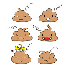 Set of cute funny poop emoticon smileys. Emotional shit kawaii icons.Happy,smiling, angry,sad, pretty. Vector flat cartoon character illustration icon