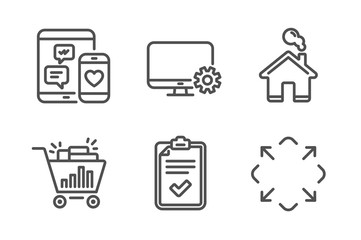 Seo shopping, Monitor settings and Checklist icons simple set. Social media, Home and Maximize signs. Analytics, Service cogwheel. Technology set. Line seo shopping icon. Editable stroke. Vector
