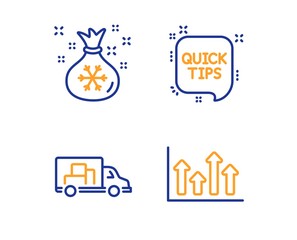 Santa sack, Quick tips and Truck transport icons simple set. Upper arrows sign. Gifts bag, Helpful tricks, Delivery. Growth infochart. Business set. Linear santa sack icon. Colorful design set. Vector