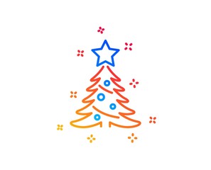 Christmas tree present line icon. New year spruce sign. Fir-tree symbol. Gradient design elements. Linear christmas tree icon. Random shapes. Vector