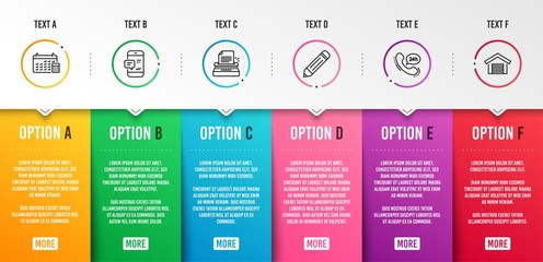 Calendar, Typewriter and Pencil icons simple set. Smartphone notification, 24h service and Parking garage signs. Calculator device, Writer machine. Technology set. Infographic template. Vector