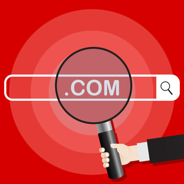 Vector illustration of the search engine. The hand holds the magnifier directed towards the com search system. Vector illustration on a red background.