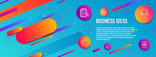 Header banner. Face recognition, Accounting report and Avatar icons simple set. Currency audit, Weather phone and Smartphone buying signs. Faces biometrics, Check finance. Business set. Vector