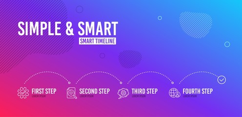 Infographic timeline. Cogwheel, Service and Analytics chart icons simple set. International recruitment sign. Engineering tool, Cogwheel gear, Report analysis. World business. Science set. Vector