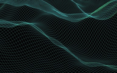 Abstract landscape background. Cyberspace green grid. hi tech network. 3D illustration