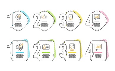 Id card, Water cooler and Cogwheel icons simple set. Analytical chat sign. Human document, Office drink, Edit settings. Communication speech bubble. Business set. Infographic timeline. Vector