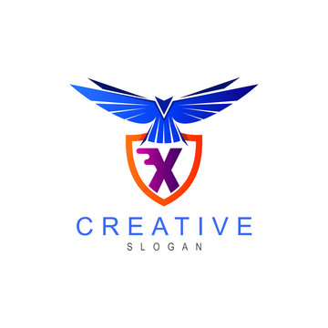 Flying bird logo with shield, shield and eagle, security logo, shield and letter x