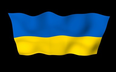 The flag of Ukraine on a dark background. National flag and state ensign. Blue and yellow bicolour. 3D illustration waving flag