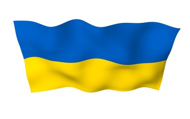 The flag of Ukraine on a white background. National flag and state ensign. Blue and yellow bicolour. 3D illustration waving flag
