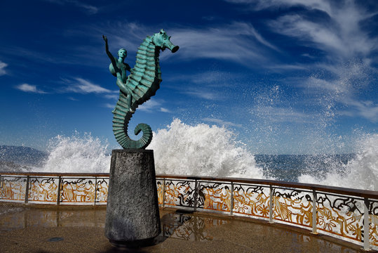 The Boy On A Seahorse Sculpture Puerto Vallarta Malecon With Splash Of Pacific Sea