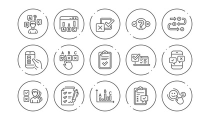 Survey or Report line icons. Opinion, Customer satisfaction and Feedback results. Testing linear icon set. Line buttons with icon. Editable stroke. Vector