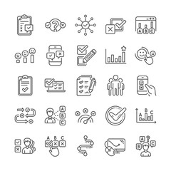 Survey review, Report quiz line icons. Opinion, Customer satisfaction feedback and Test survey icons. Checklist review, Business report symbols. Evaluation quiz, Feedback chart, Management. Vector