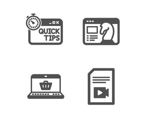 Set of Online shopping, Seo strategy and Quick tips icons. Video file sign. Notebook with shopping cart, Chess knight, Helpful tricks. Vlog page.  Classic design online shopping icon. Flat design