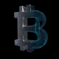 Bitcoin sign, platinum or silver turns into a blue grid on a black background. 3D illustration
