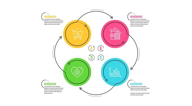 Seo shopping, Loan percent and Heart icons simple set. Infographic timeline. Diagram graph sign. Analytics, Shopping cart, Star rating. Presentation chart. Technology set. Cycle infographic. Vector