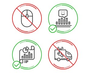 Do or Stop. Report document, Computer mouse and Smile icons simple set. Car service sign. Growth chart, Pc equipment, Positive feedback. Repair service. Technology set. Line report document do icon