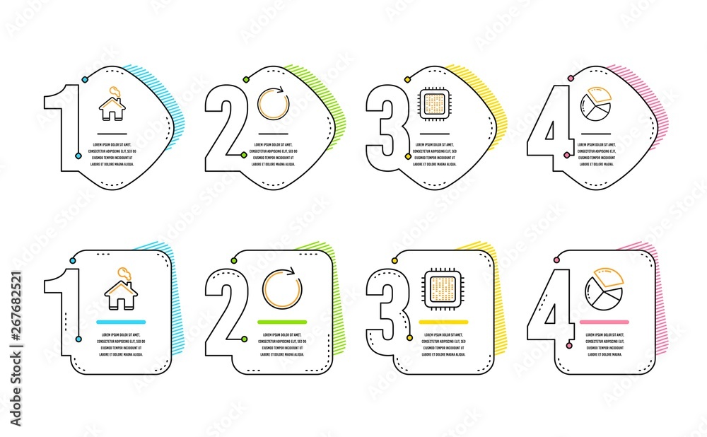 Aufkleber cpu processor, synchronize and home icons simple set. pie chart sign. computer component, refresh or