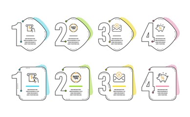 Atm service, Tips and Reject mail icons simple set. Loan percent sign. Cash investment, Quick tricks, Delete letter. Piggy bank. Technology set. Infographic timeline. Line atm service icon. Vector