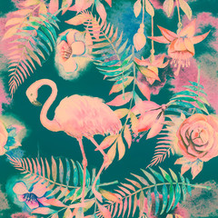 Tropical seamless floral pattern with watercolor palm leaves and pink flamingo. Purple, pink and green texture. Floral mix artwork