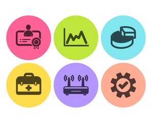 Certificate, Wifi and Diagram icons simple set. Pie chart, First aid and Service signs. Best employee, Internet router. Science set. Flat certificate icon. Circle button. Vector