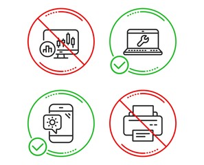 Do or Stop. Laptop repair, Weather phone and Candlestick chart icons simple set. Printer sign. Computer service, Travel device, Report analysis. Printing device. Technology set. Vector