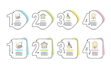 Bumper cars, Parking and Disabled icons simple set. Air balloon sign. Carousels, Garage, Handicapped wheelchair. Flight travel. Transportation set. Infographic timeline. Line bumper cars icon. Vector