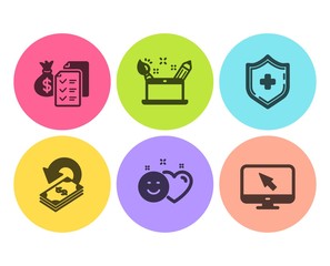 Accounting wealth, Medical shield and Creativity concept icons simple set. Smile, Cashback and Internet signs. Audit report, Medicine protection. Technology set. Flat accounting wealth icon. Vector