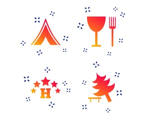 Food, hotel, camping tent and tree icons. Wineglass and fork. Break down tree. Road signs. Random dynamic shapes. Gradient food icon. Vector