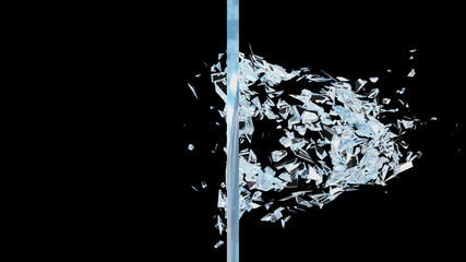 Abstract broken glass into pieces. Wall of glass shatters into small pieces. Place for your banner, advertisement. Explosion caused the destruction of glass. 3d illustration