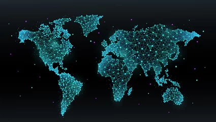 Karte des weltweiten Kommunikationsnetzes. Abstrakte Maschenlinie und Punktskalen auf futuristischem dunklem Hintergrund. Polygonale 3D-Netzwerklinie, Kugel, Punkt und Struktur. Globale Reisegeografie und Verbindung. © vit_mar