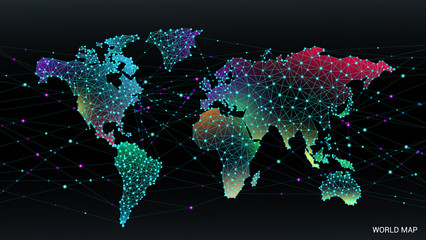 Map of the world communication network. Wire frame 3D mesh polygonal network line, design sphere, dot and structure. Global travel geography and connect, continent and planet. Future. Vector.
