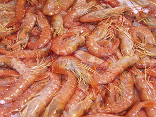 Raw shrimps on ice at a food market