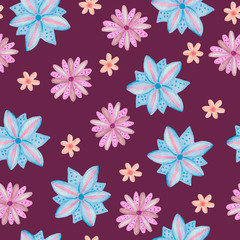 Hand drawn blue and pink flowers - floral seamless pattern on purple background