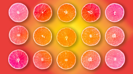 Abstract background of half cut organic oranges in row