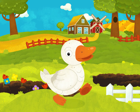 cartoon happy and funny farm scene with happy duck - illustration for children