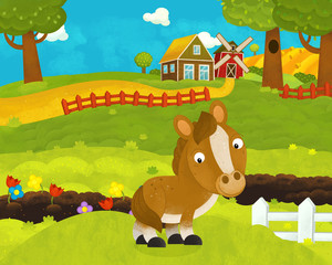 Obraz na płótnie Canvas cartoon happy and funny farm scene with happy horse - illustration for children