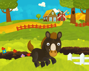Obraz na płótnie Canvas cartoon happy and funny farm scene with happy horse - illustration for children